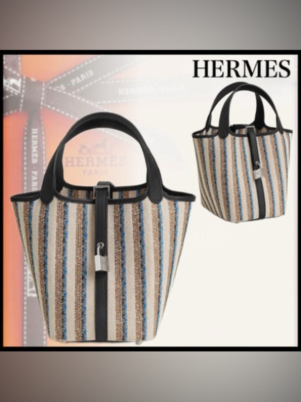 Hermes Striped Canvas Tote in Blue, Tan and Black Trim PICOTIN 18